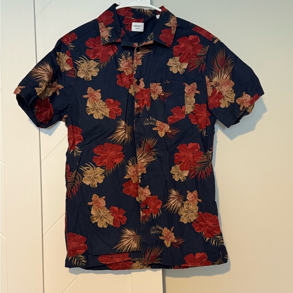 Celio Men’s Floral Button Up Shirt Navy Red Tan | Short Sleeve | Size S - Picture 7 of 9